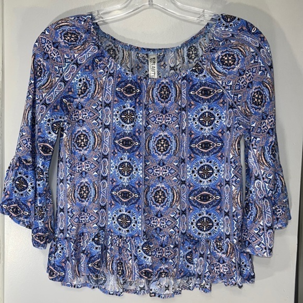 BEAUTTEES Womens XL Boho Bell Sleeve Ruffle‎ Tiered Print Blouse Top Rayon